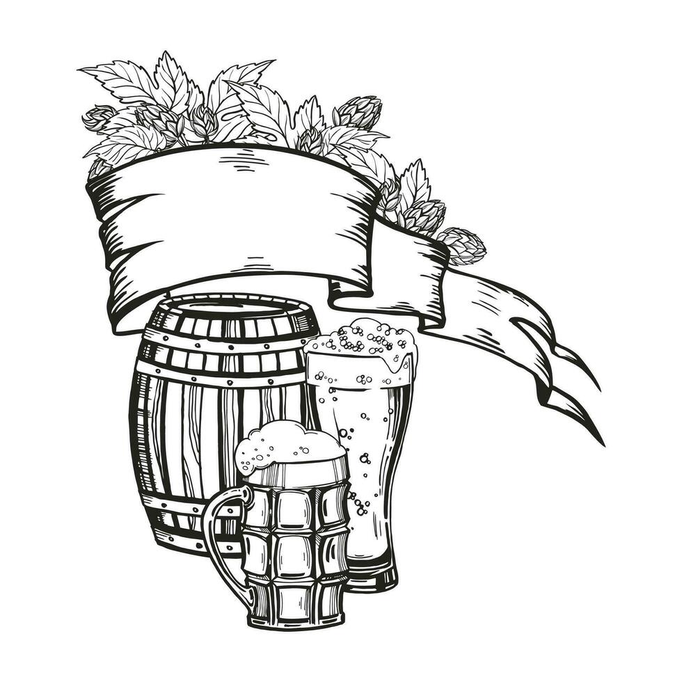 hand- getrokken vector samenstelling met houten loop, bier, bier bril, oud banier lint en takken van hop plant, zwart en wit illustratie van bier thema, geïnkt illustratie voor bier festival
