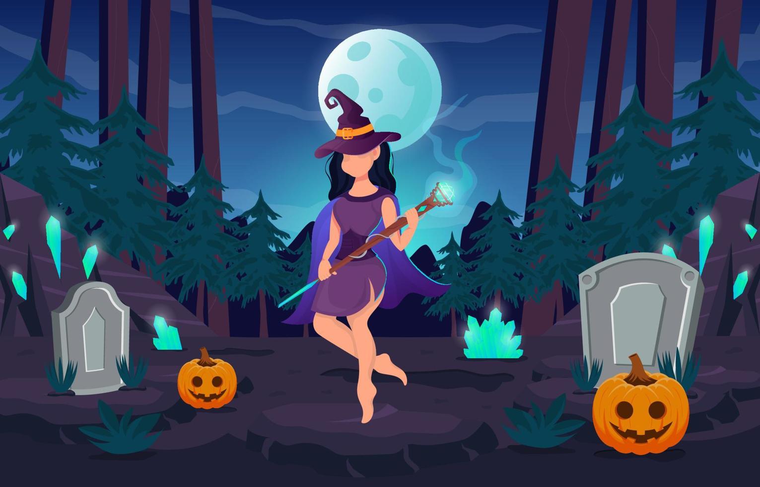 fijne Halloween. heksenvrouw draagt een kostuum en een diamanten toverstok om trick or treat te doen in maanlicht. vector