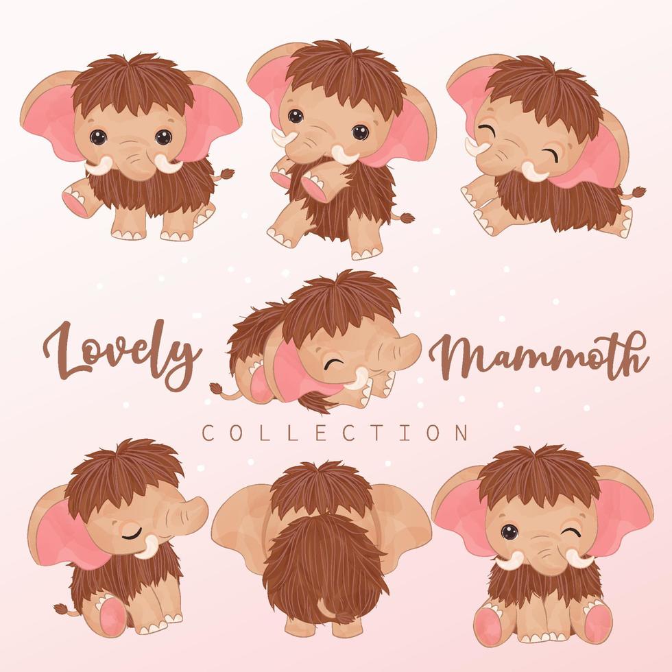 schattige kleine mammoet clipart-collectie in aquarel illustratie vector