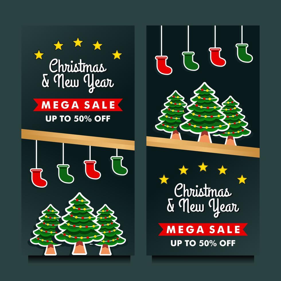 kerst en nieuwjaar mega sale banner met zwarte achtergrond sjabloon vector