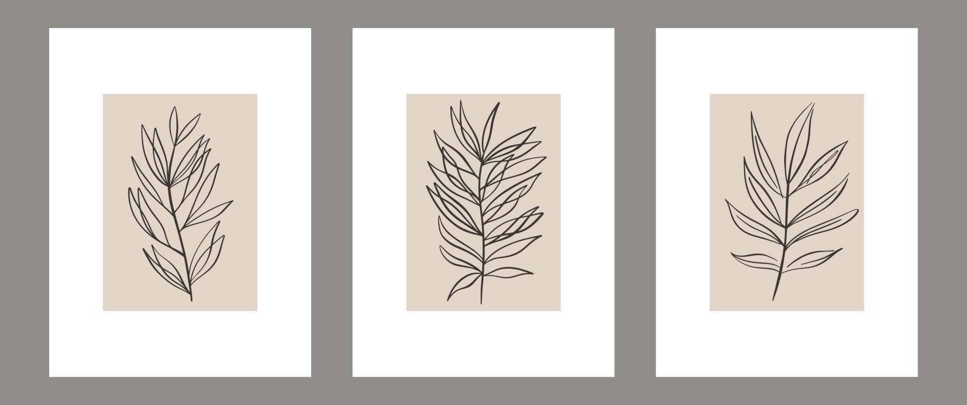 set van botanische hedendaagse kunst aan de muur poster. tropische gebladerte lijntekeningen tekenen met abstracte shape.boho abstract plant art design om af te drukken, dekking, behang, halverwege de eeuw minimale en natuurlijke kunst aan de muur vector