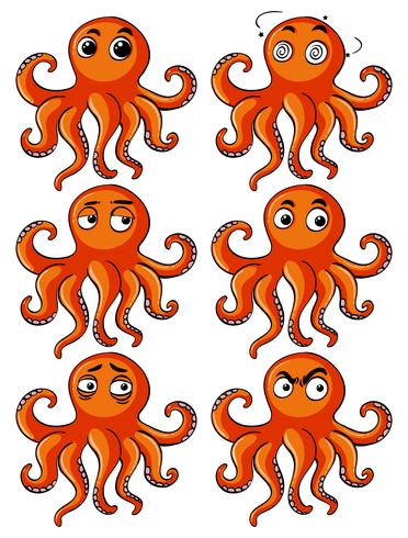 Octopus met zes verschillende emoties vector