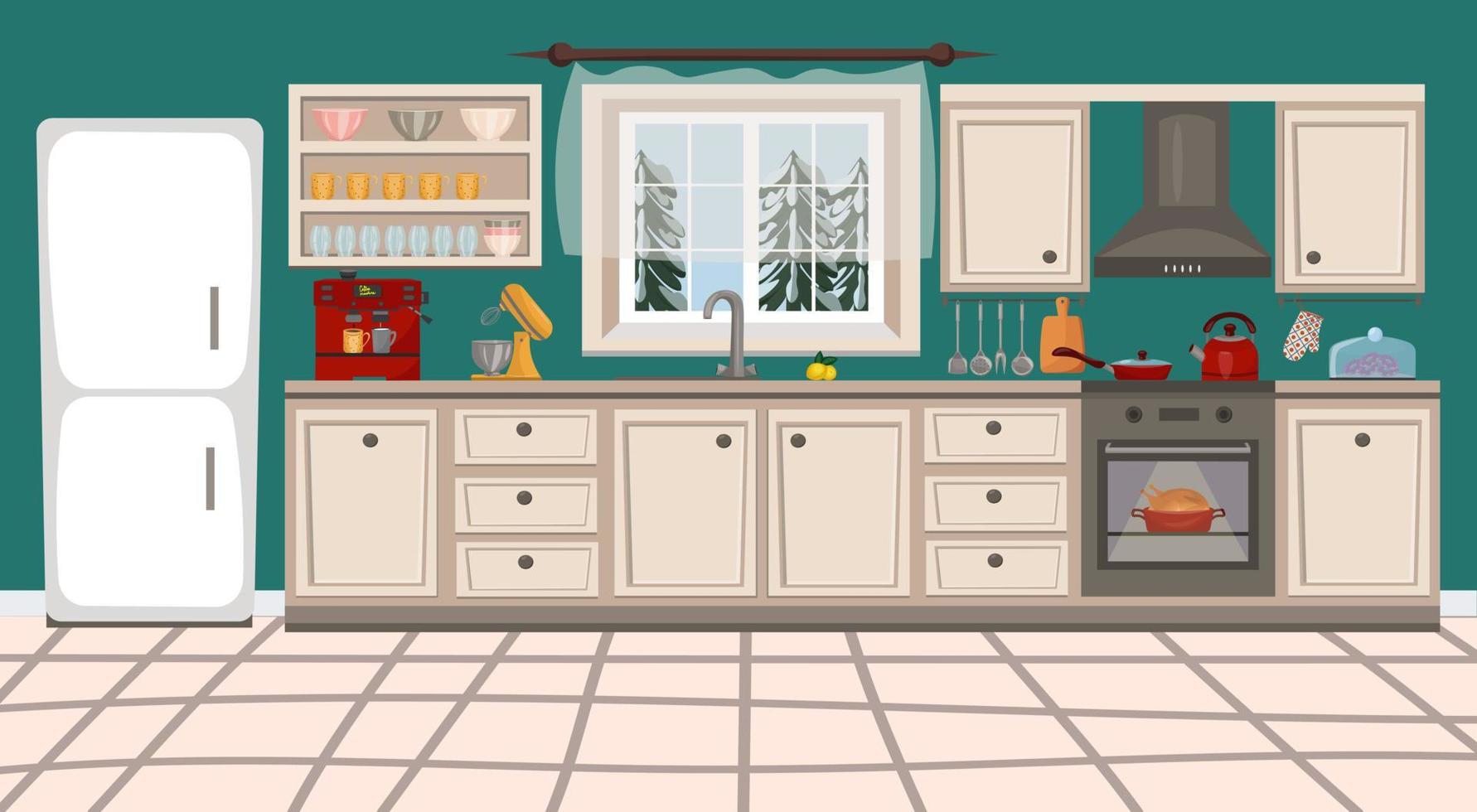 keuken interieur met meubels, fornuis, keukengerei en huishoudelijke apparaten. vectorillustratie in platte cartoonstijl vector