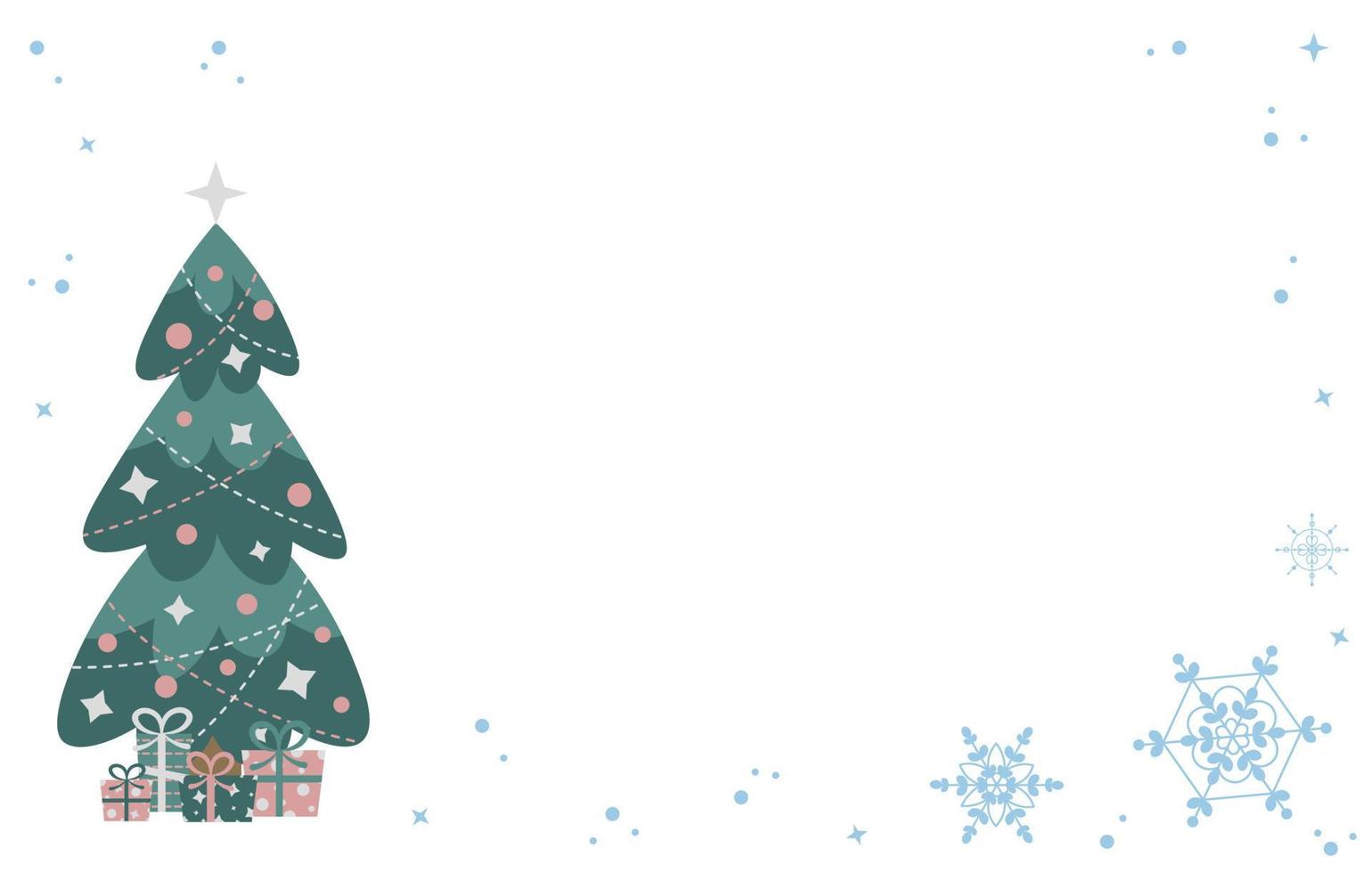 Kerstmis of Nieuwjaar vector banner of achtergrond met versierde boom, geschenken, sneeuwvlokken en sterren.