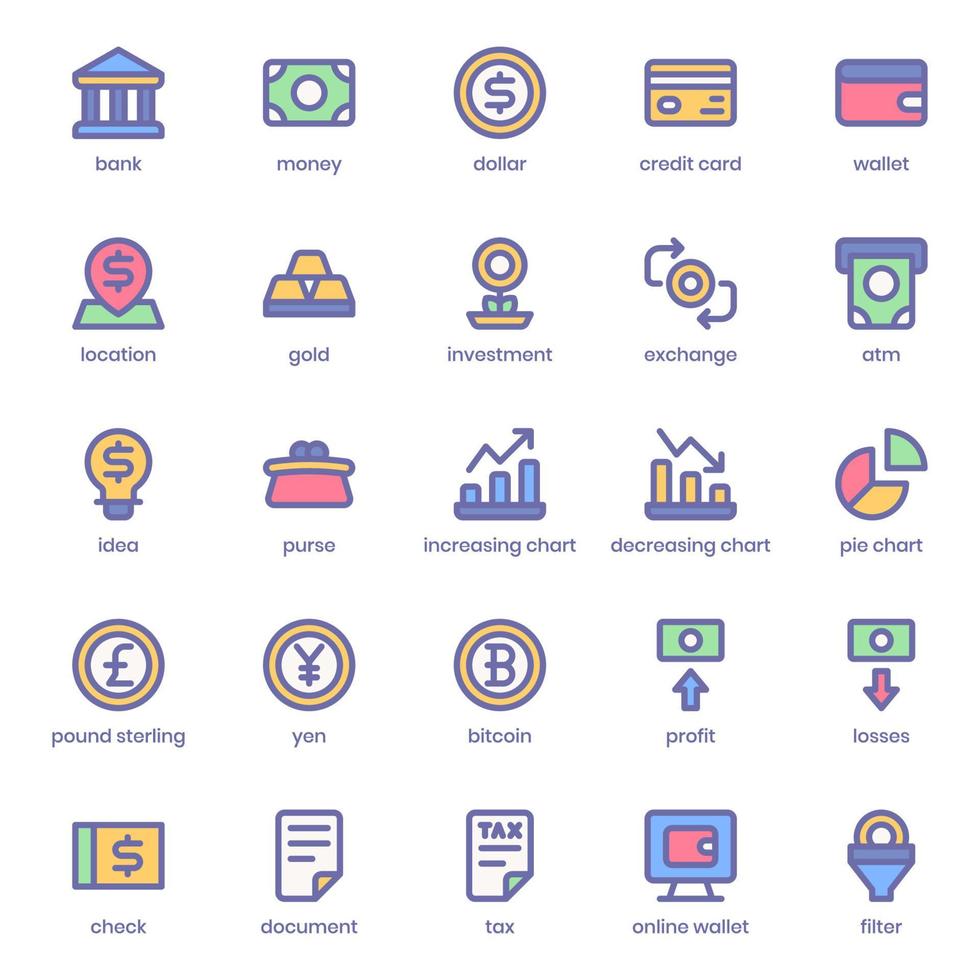 financiën en valuta icon pack voor uw website-ontwerp, logo, app, ui. financiën en valuta pictogram lineaire kleur ontwerp. vector grafische illustratie en bewerkbare lijn.