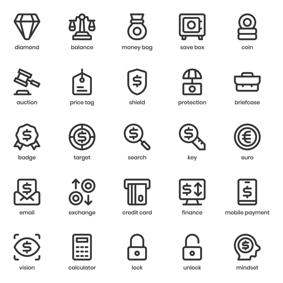 financiën en valuta icon pack voor uw website-ontwerp, logo, app, ui. financiën en valuta pictogram schets ontwerp. vector grafische illustratie en bewerkbare lijn.