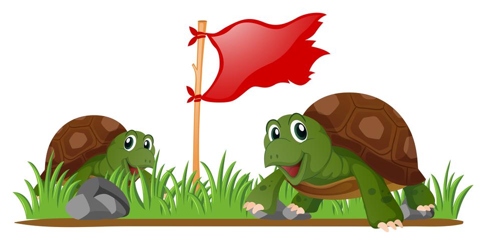 Schildpadden en rode vlag in de tuin vector