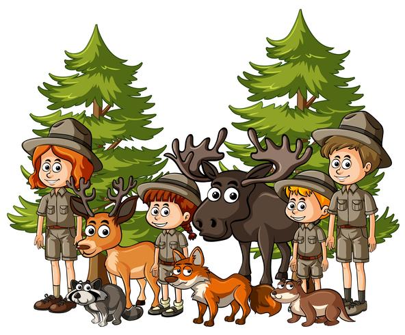 Kinderen in safari-outfit met veel dieren vector