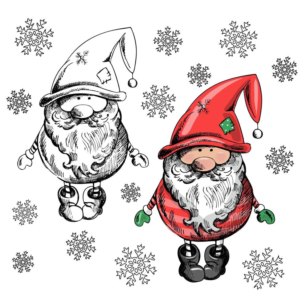 een handgetekende kabouter voor nieuwjaar of kerst met sneeuwvlokken. de scandinavische kabouter. vintage vectorillustratie. vector