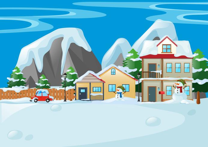 Scène met huizen en sneeuwman vector