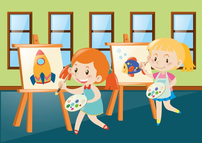 Twee meisjes die op canvas in klaslokaal schilderen vector