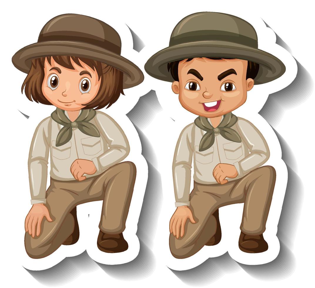 paar kinderen dragen safari-outfit stripfiguursticker vector