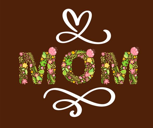 Floral zomertekst moeder. Vector illustratie hand getekende kapitaal hoofdletters met bloemen en bladeren en witte kalligrafie letters op rode achtergrond voor Mother&#39;s Day