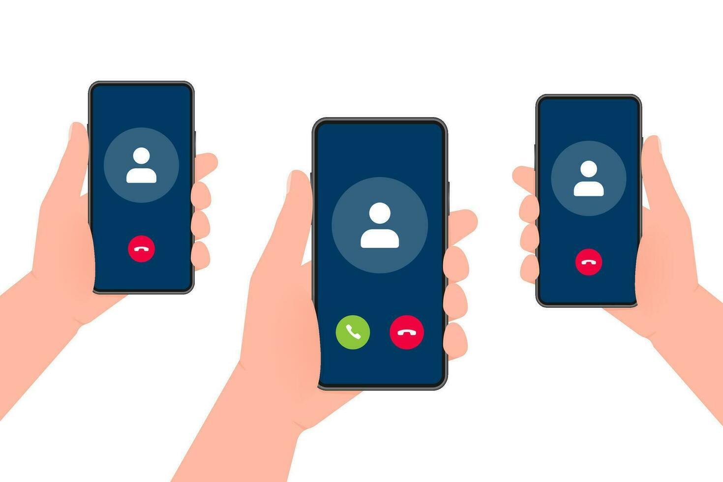 drie handen houden telefoons met telefoontje inkomend video telefoontje Aan scherm Aan wit achtergrond. vector illustratie.