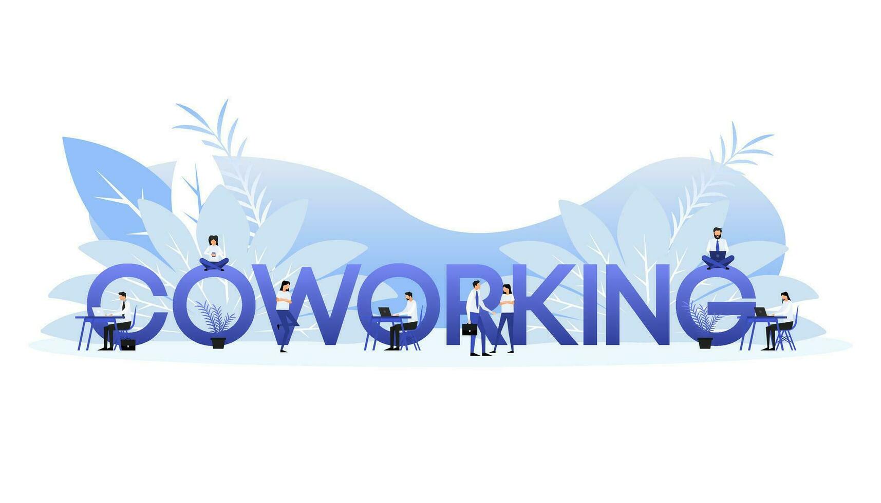 coworking woord en klein werken mensen. vector illustratie ontwerp.