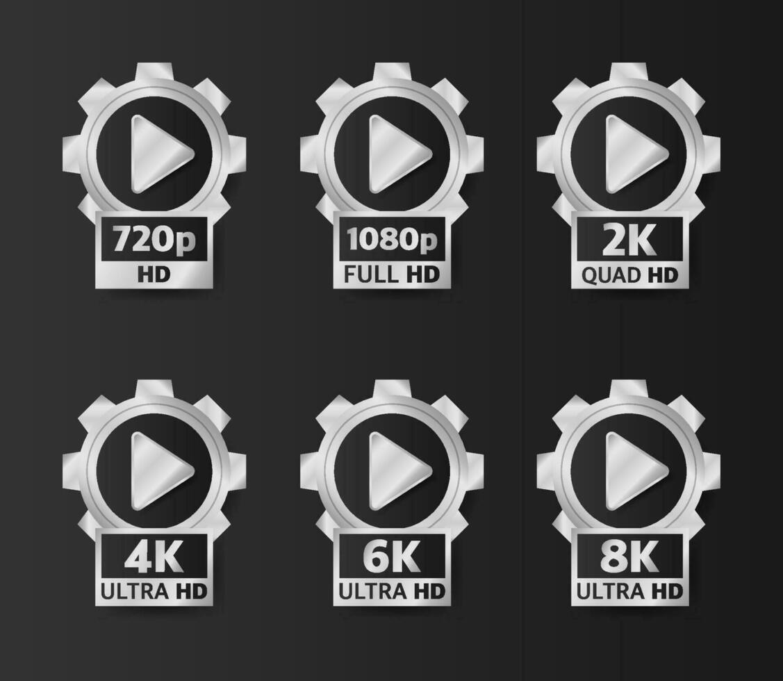 video kwaliteit badges in zilver kleur Aan zwart achtergrond. hd, vol hd, 2k, 4k, 6k en 8k. vector illustratie.