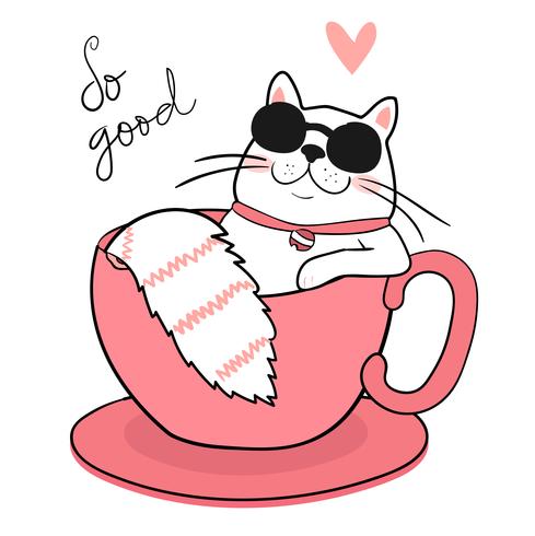 schattige witte dikke kat met zonnebril slapen in een koffiekopje, tekenen vector