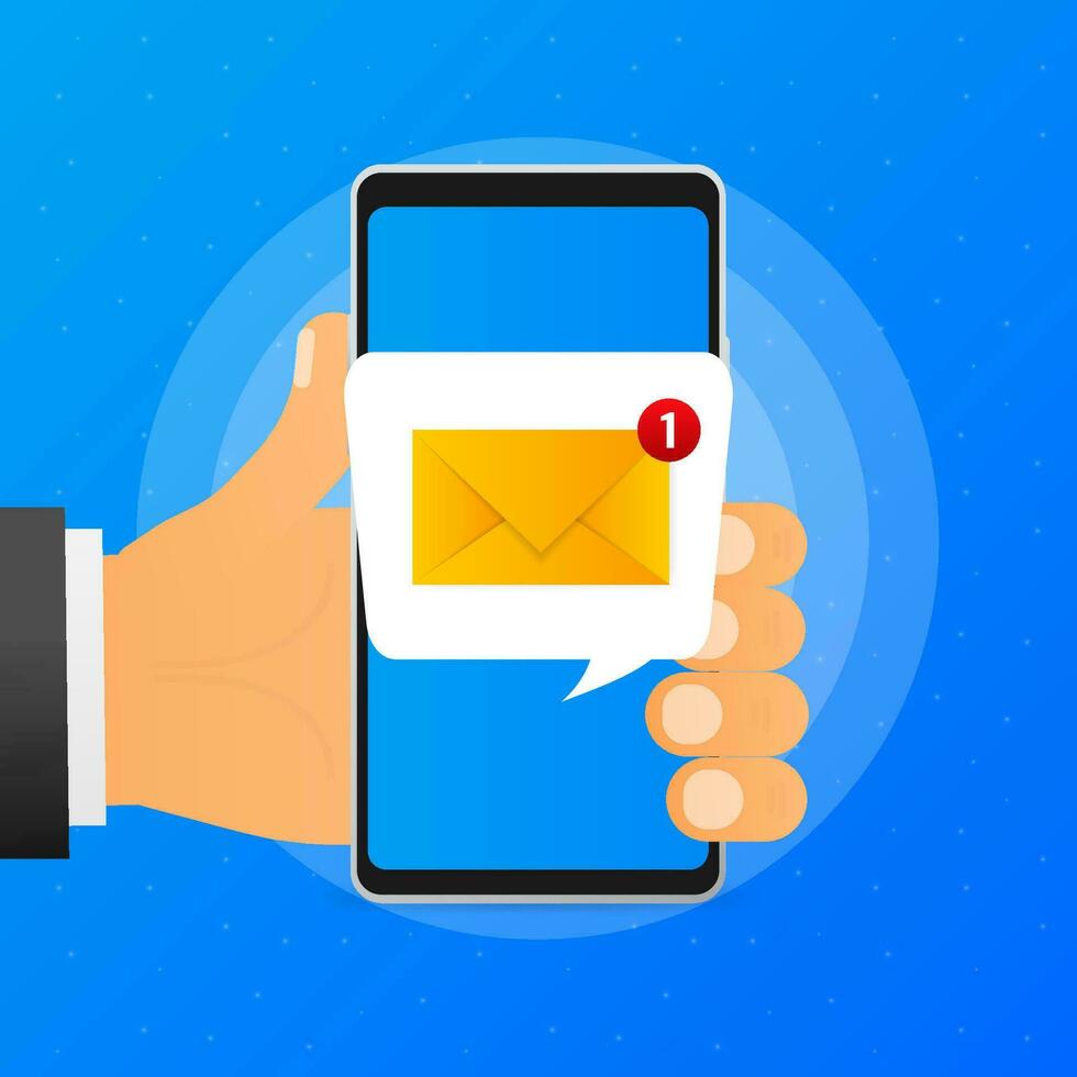 hand- houdt telefoon met mail post nieuw bericht Aan blauw achtergrond. vector illustratie.