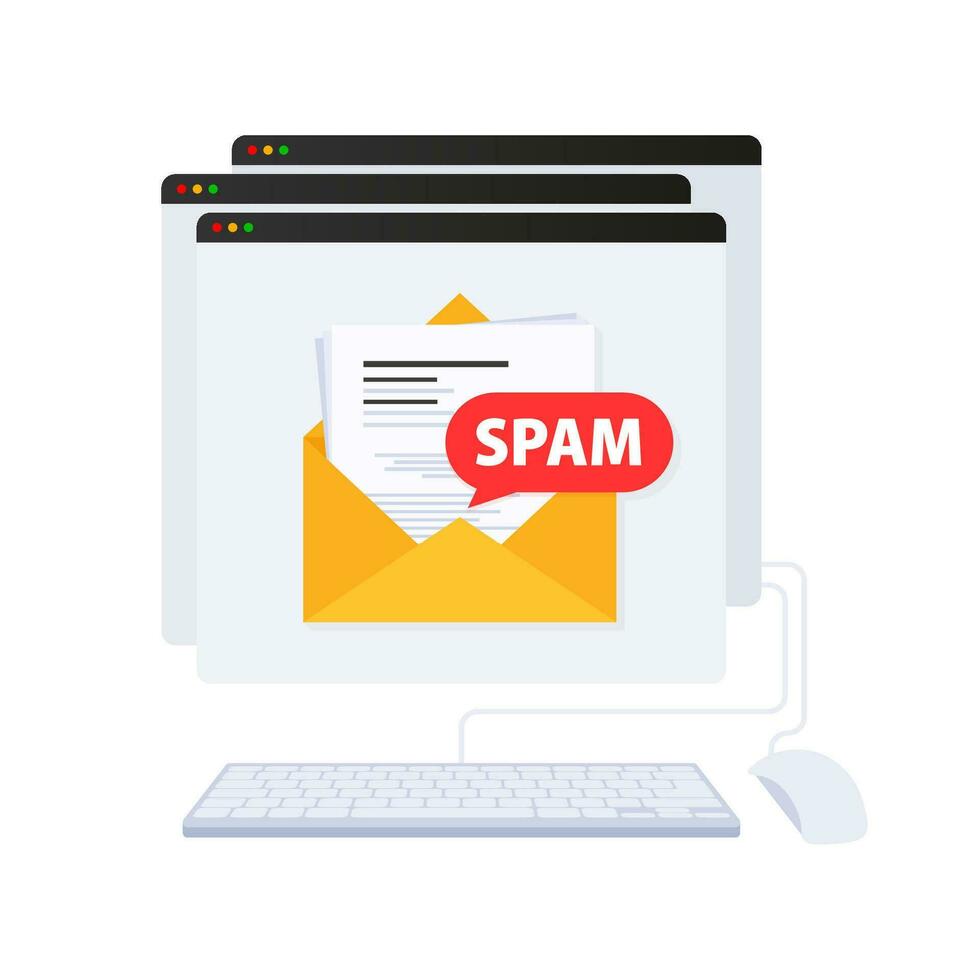 e-mail spammen aanval. e-mail doos hacken, spam waarschuwing. vector