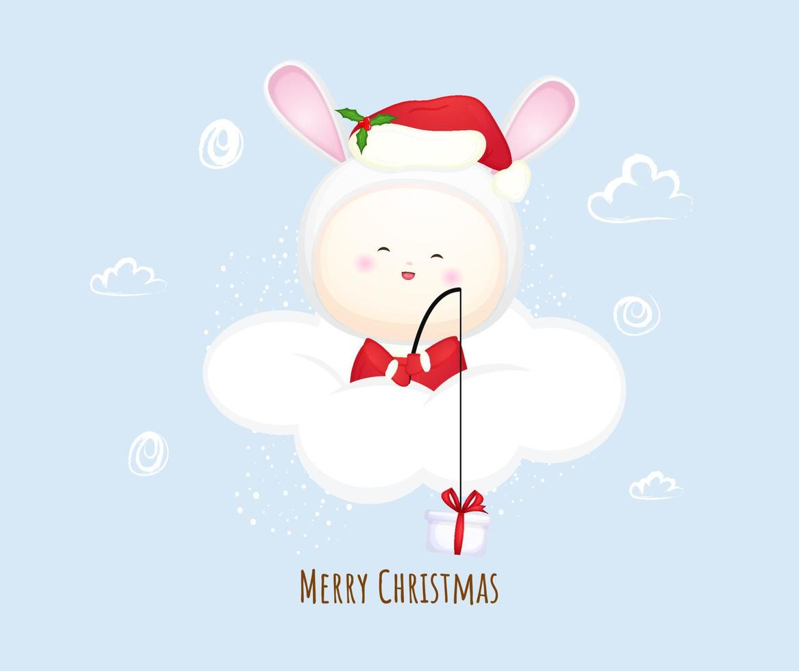 schattige baby santa op de wolk voor vrolijk kerstfeest. konijn mascotte illustratie premium vector