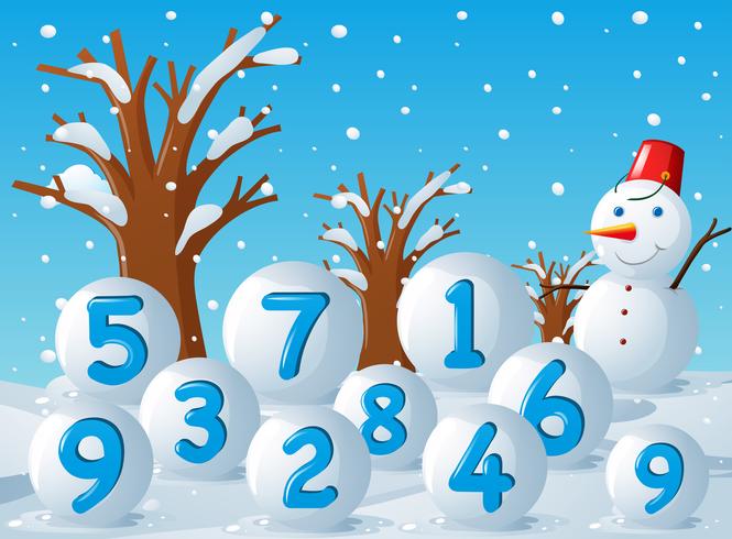 Scène met nummers op sneeuwballen vector