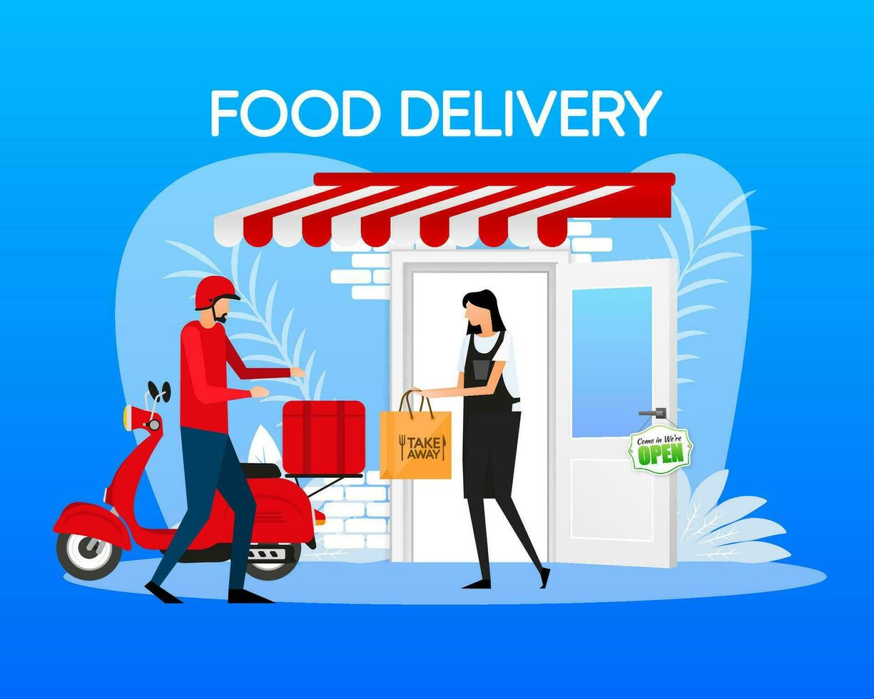 snel levering door scooter Aan mobiel. e-commerce concept. online voedsel bestellen infografisch. vector