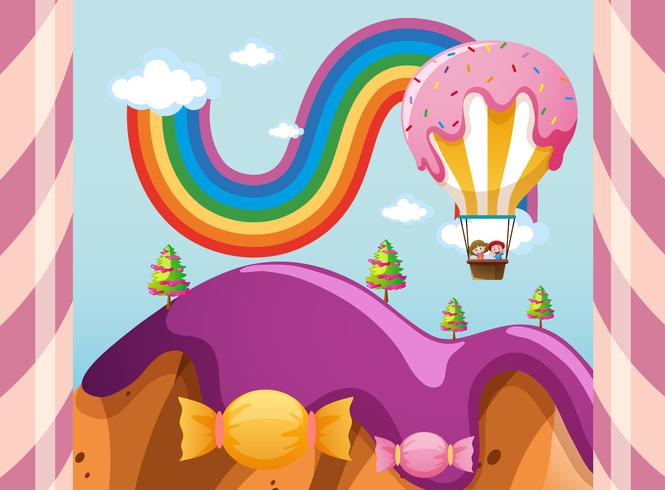 Scène met suikergoedballon over purpere bergen vector