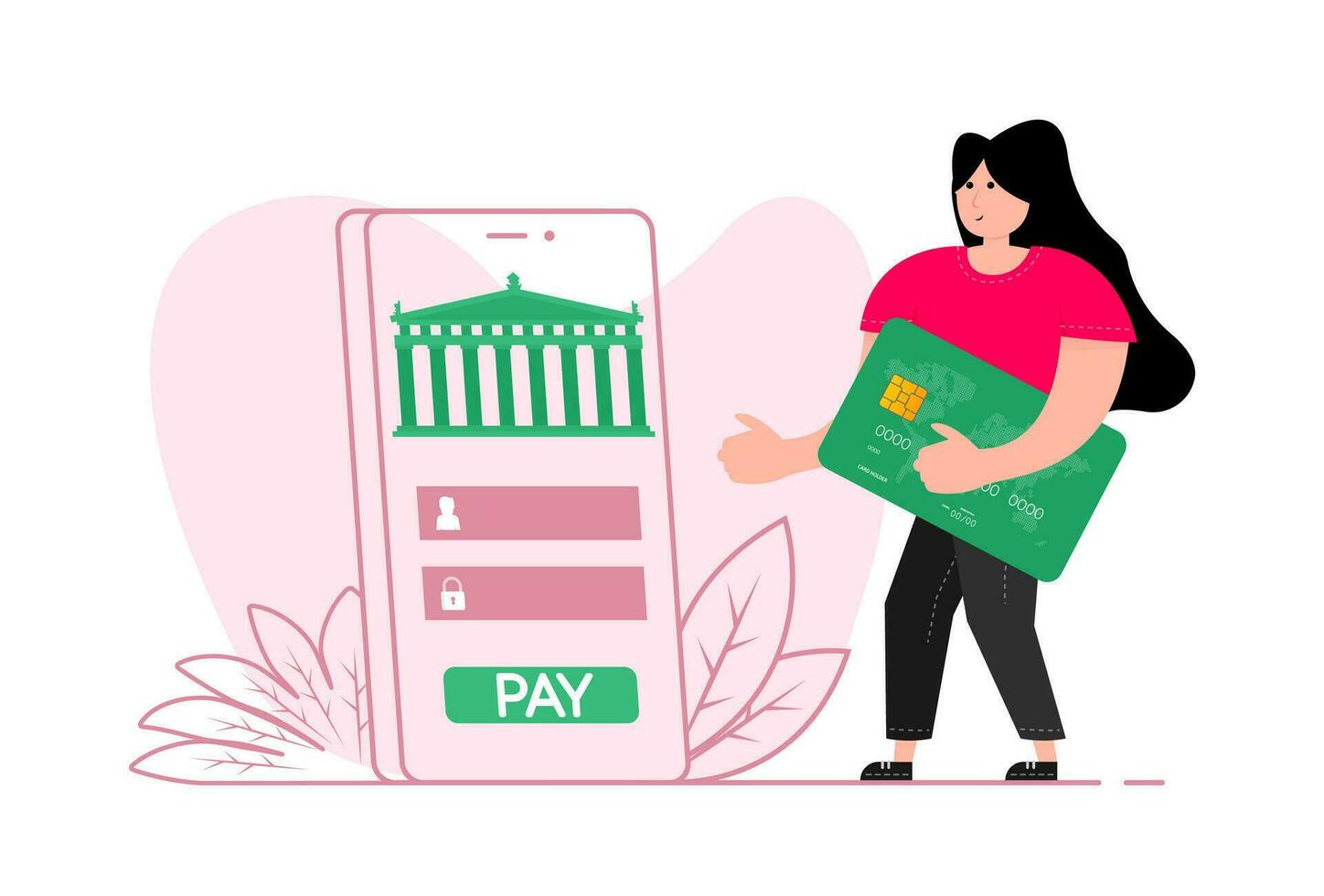 een vrouw staat in de buurt de smartphone, Aan de scherm online bank en boekhouding. online betaling. e-betaling scherm. vector