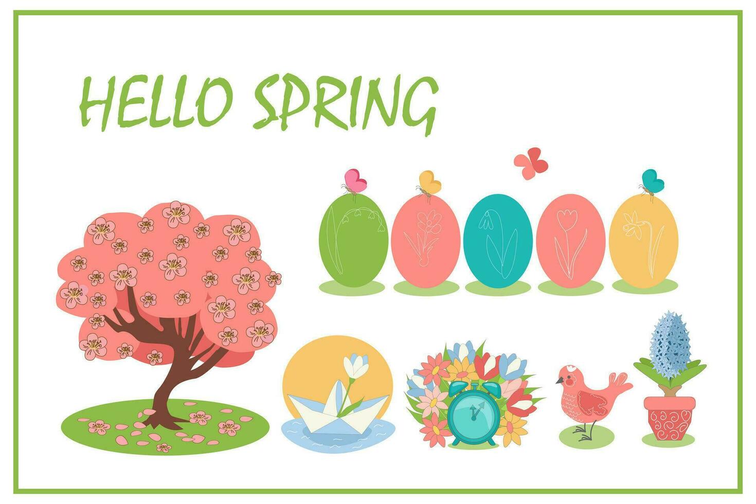 een reeks van voorjaar vector tekenfilm elementen voor de ontwerp een bloeiend boom, een vogel, een papier boot met bloemen in een plas, een alarm klok met voorjaar bloemen, een krokus in een pot, gekleurde Pasen eieren met