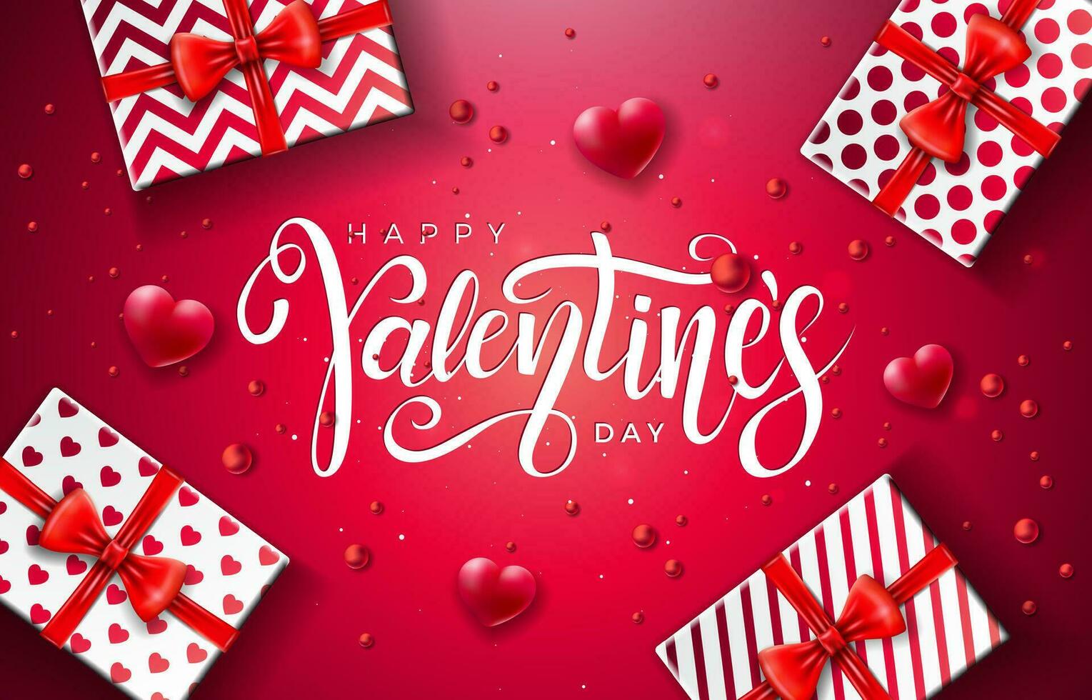 gelukkig valentijnsdag dag ontwerp met typografie brief, hart en geschenk doos Aan rood achtergrond. vector bruiloft en romantisch liefde Valentijn thema illustratie voor folder, groet kaart, banier