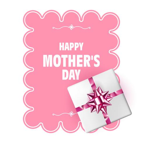 Gelukkige Moederdag. Vector moederdag sjabloon met geschenkdoos, roze boog en lang lint. Vakantie decoratie
