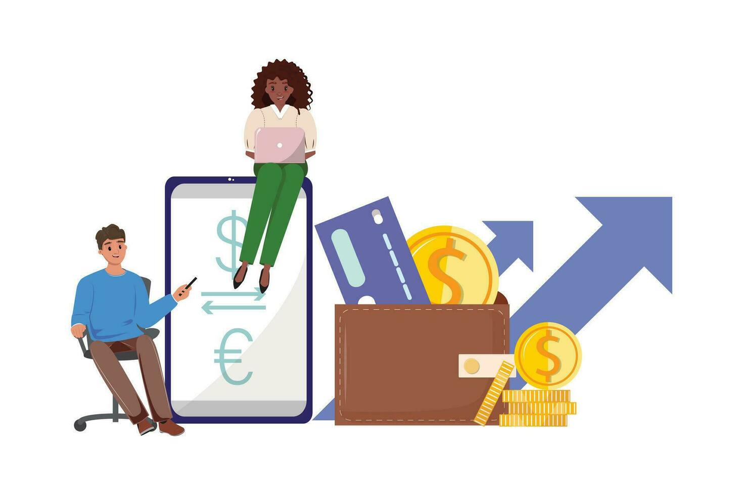 valuta uitwisseling teken. ons dollar en euro. mensen observeren en gebruik makend van een mobiel toepassing voor navigeren valuta aandelenbeurs. vector