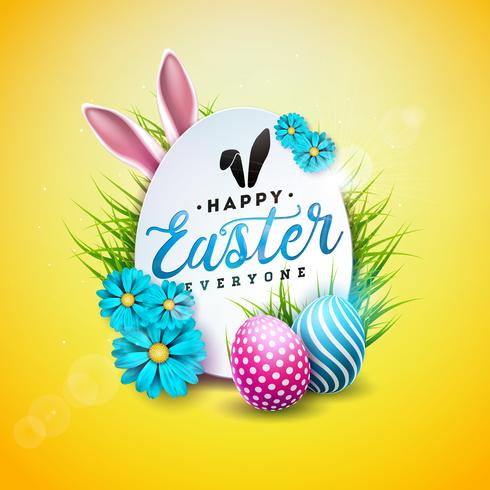 Vector illustratie van Happy Easter Holiday met beschilderde eieren, konijn oren en lente bloem