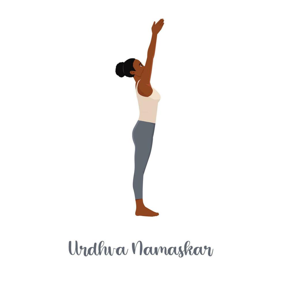 vrouw het uitvoeren van urdhva hastasana, naar boven hand- yoga houding, asana van surya namaskar reeks, zon begroeting complex. vector