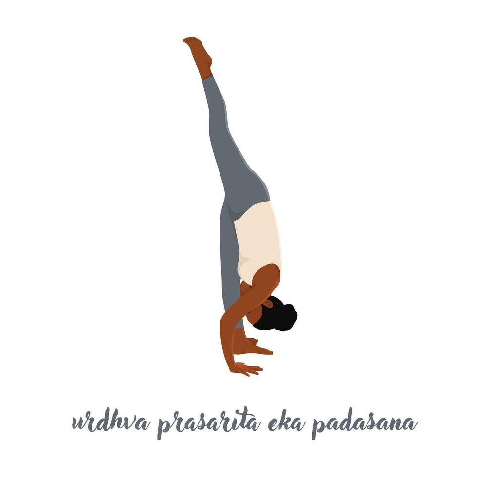 vrouw aan het doen staand splitst of urdhva prasarita eka padasana yoga houding. vector