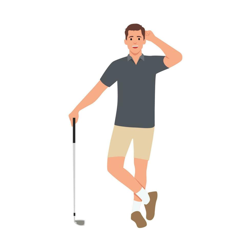 mannetje golfspeler Holding een golf club en lachend. vector