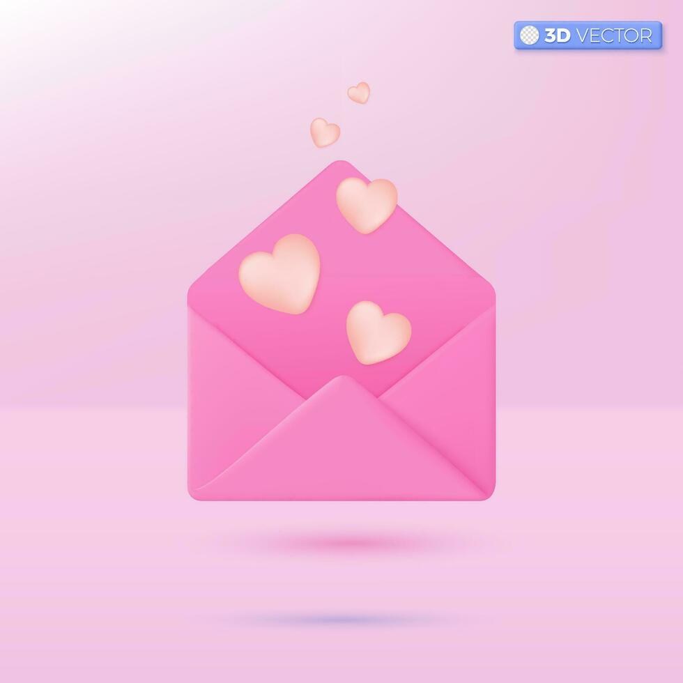 roze mail envelop met rood harten icoon symbool. geven liefde e-mail, bericht in liefde, moeder en valentijnsdag dag groeten concept. 3d vector geïsoleerd illustratie ontwerp. tekenfilm pastel minimaal stijl.