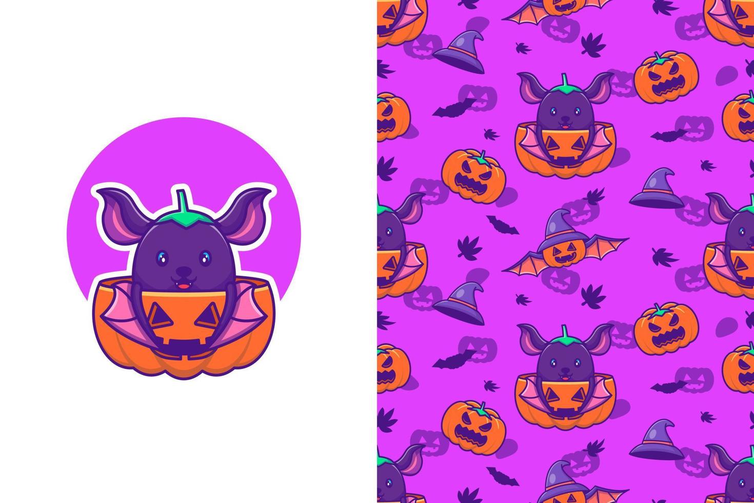 schattige vleermuis en pompoen happy halloween met naadloos patroon vector