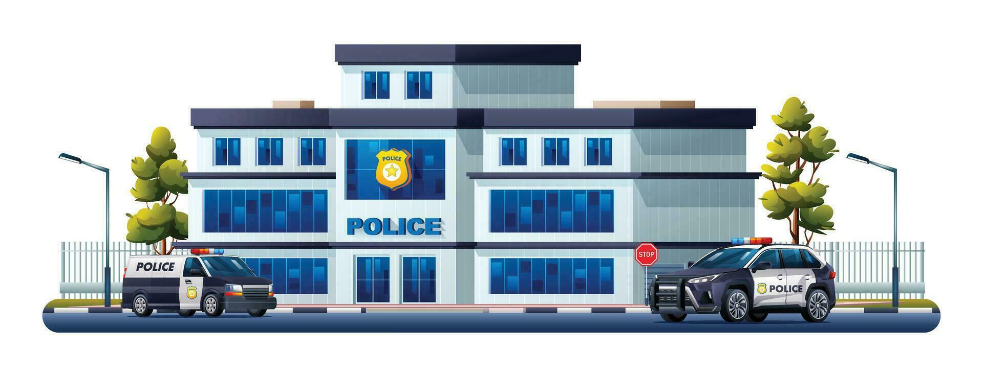 Politie station gebouw met patrouille auto's. Politie afdeling kantoor. vector illustratie