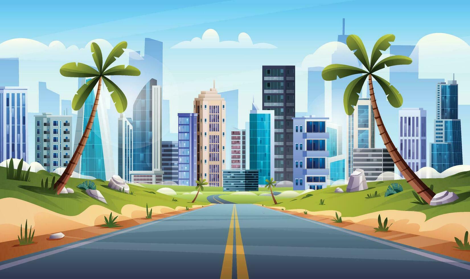 leeg weg naar stad landschap illustratie. Rechtdoor snelweg door palm bomen tekenfilm vector achtergrond