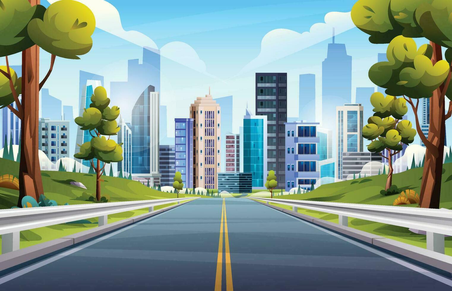 leeg weg naar stad landschap illustratie. natuur snelweg door weide en bomen naar stad tekenfilm vector achtergrond