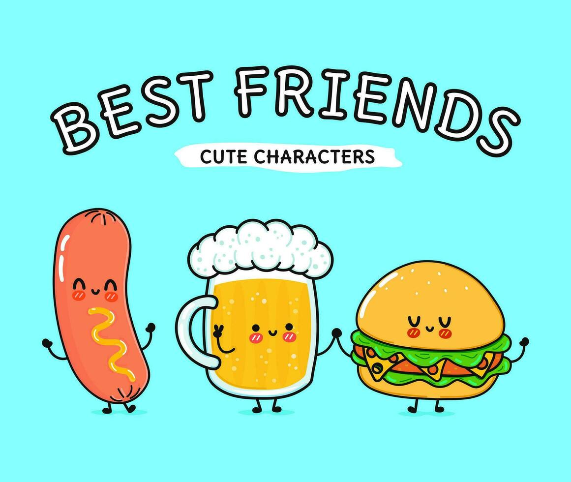 schattig, grappig vrolijk glas bier, hamburgerworst. vector hand getekend kawaii stripfiguren, illustratie pictogram. grappige cartoon glas bier, hamburger en worst vrienden concept