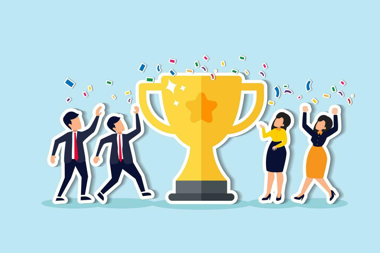 erkenning van teamsucces, beloning voor teamwerk om bedrijfsdoel te bereiken, overwinning voor collega's om werkmissieconcept te voltooien, gelukssucces zakenlieden en -vrouwenteam met winnende trofee. vector