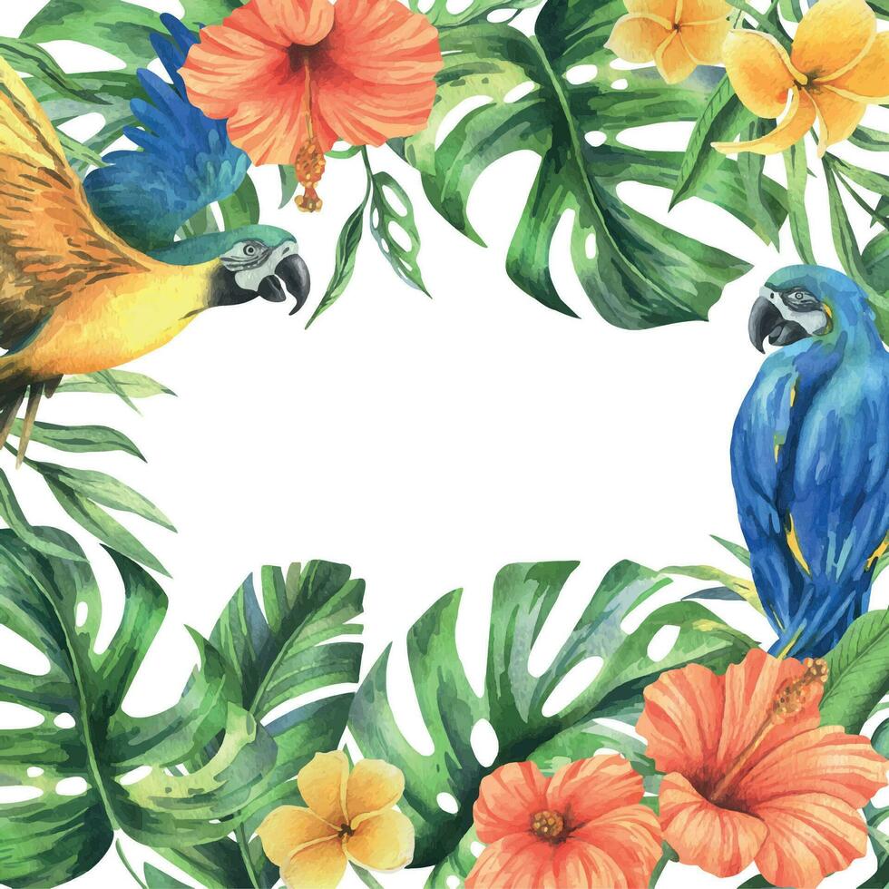 tropisch palm bladeren, monstera en bloemen van plumeria, hibiscus, helder sappig met blauw Geel ara papegaai. hand- getrokken waterverf botanisch illustratie. sjabloon kader geïsoleerd van de achtergrond vector