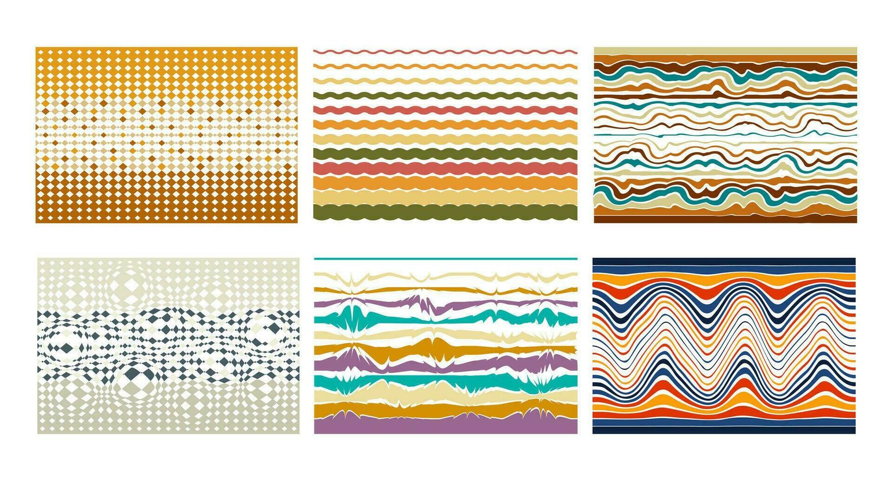 wijnoogst reeks van groovy patronen in de stijl van de jaren 70. horizontaal psychedelisch abstract achtergrond. reeks van abstract retro patronen in hippie stijl. vector illustratie.