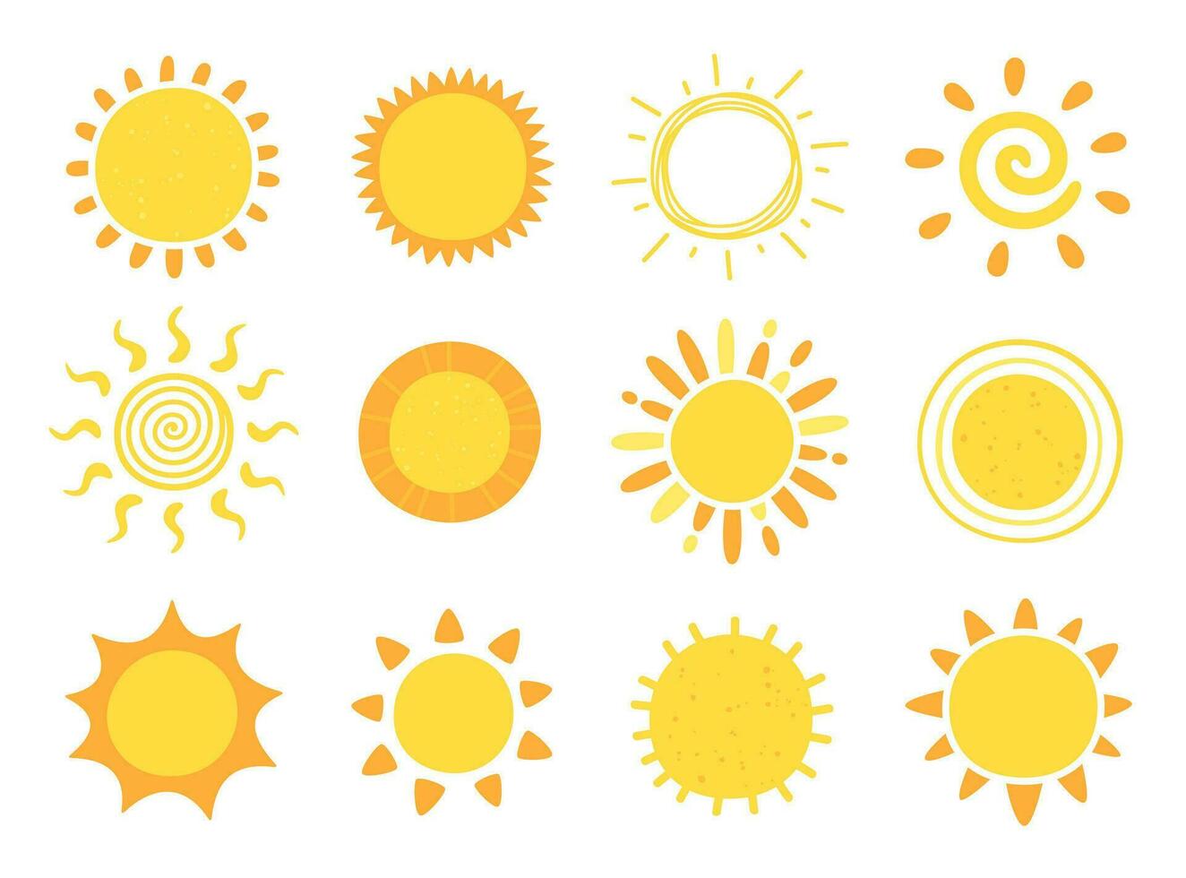 schattig zon. hand- getrokken tekening geel zomer zonnen. vector pictogrammen met zon stralen geïsoleerd Aan wit achtergrond