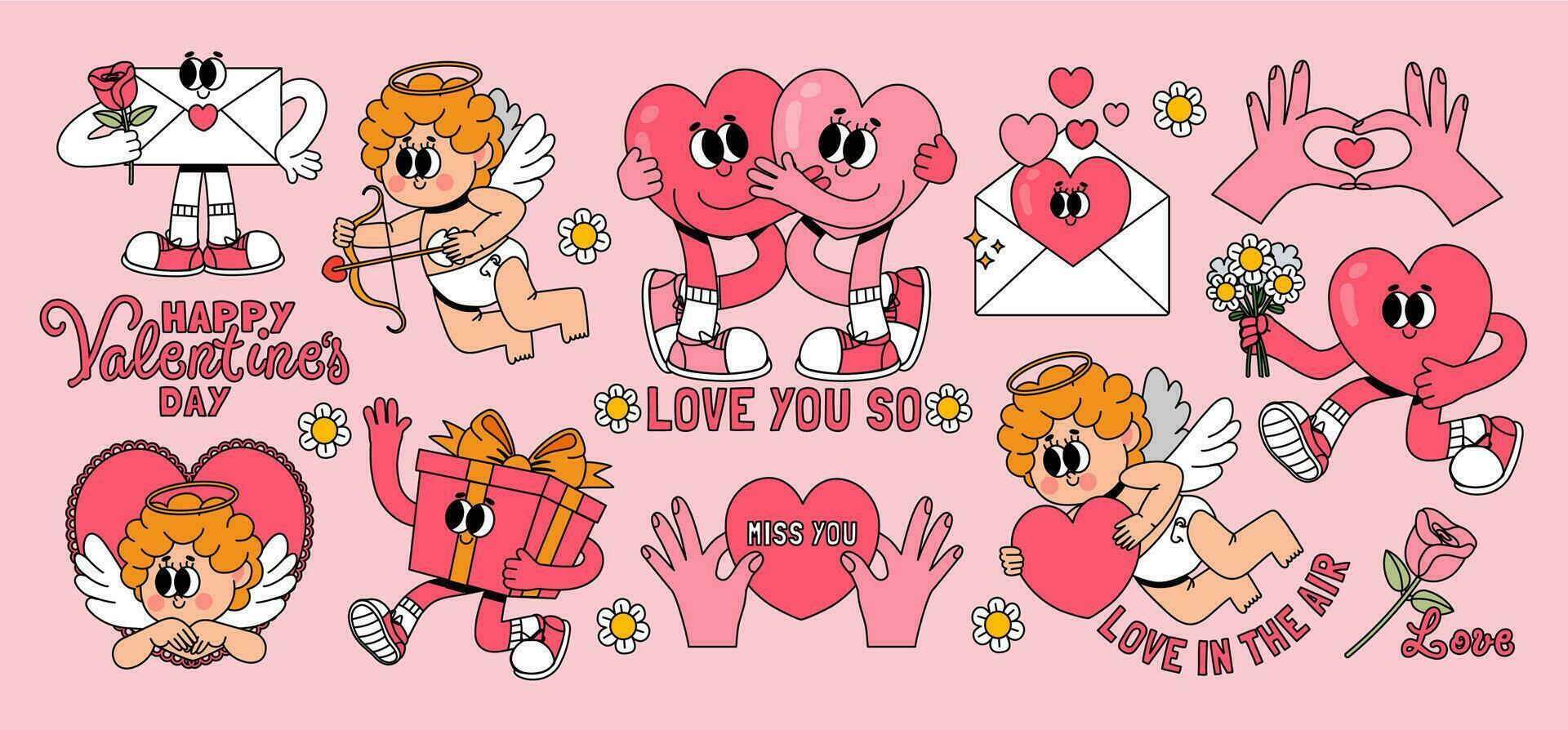 retro valentijnsdag dag sticker. tekenfilm groovy romantisch elementen, vakantie hippie karakters. wijnoogst grappig schattig Cupido met liefde pijl, rennen hart met bloem, vector reeks