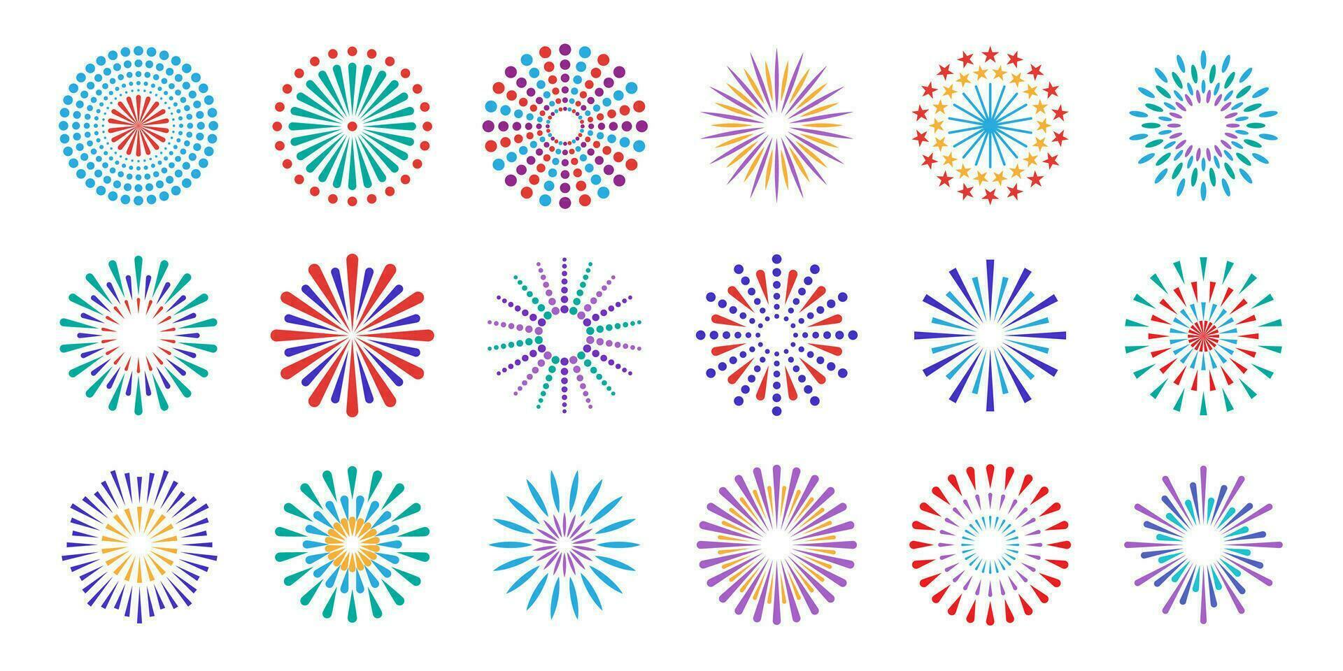 kleurrijk vuurwerk. vuurwerk explosies, festival groet. kerstmis, onafhankelijkheid dag en gelukkig nieuw jaar feestelijk barsten schittert. vector pictogrammen voor viering banier