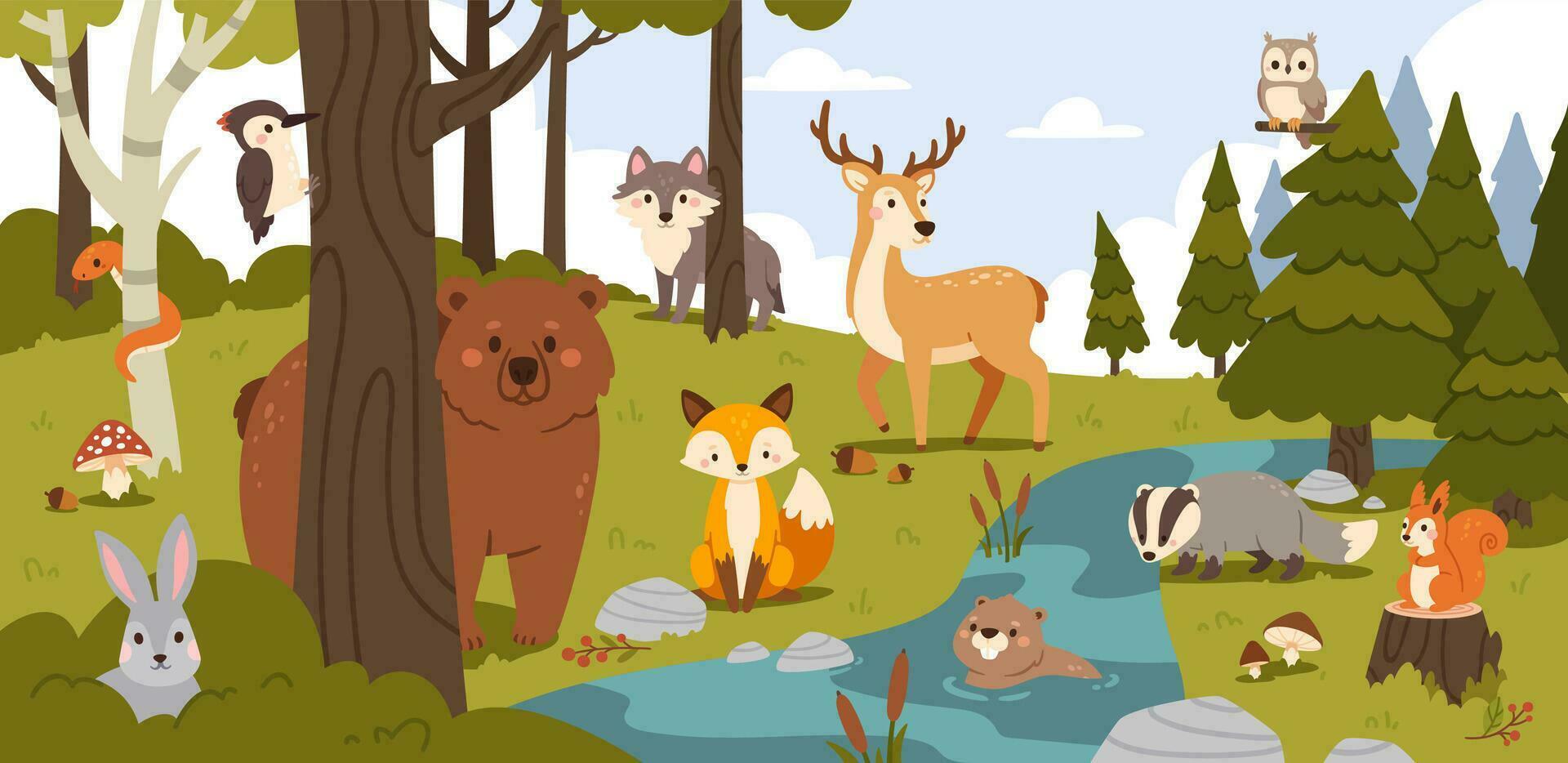 tekenfilm Woud dieren. zomer bos- met beer, vos en wolf, haas en bever in stroom, eekhoorn en das, uil en specht, slang. bomen en struiken. vector illustratie