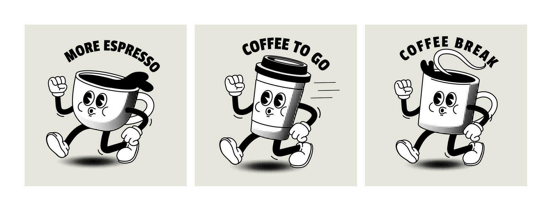 tekenfilm koffie karakter. grappig wijnoogst stijl koffie naar Gaan poster. retro concept met ontbijt drankjes in kop voor cafe. wandelen mascotte cappuccino nemen weg. vector illustratie